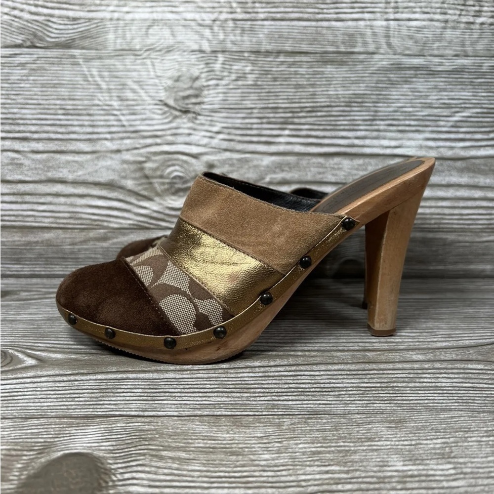 Vintage Y2K 2000s Coach Katy Mules Clogs Heels Shoes Brown Gold Leather Size 7.5